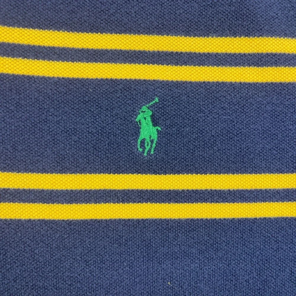 Polo Ralph Lauren Mens M Navy Yellow Striped Short Sleeve Pique‎ Polo Shirt